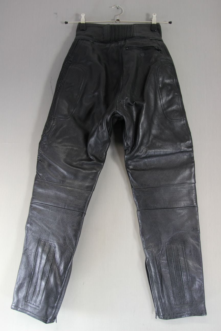 KJ BIKERS WEAR LADIES BLACK LEATHER TROUSERS: SIZE 12 WAIST 26"/INSIDE LEG 28"