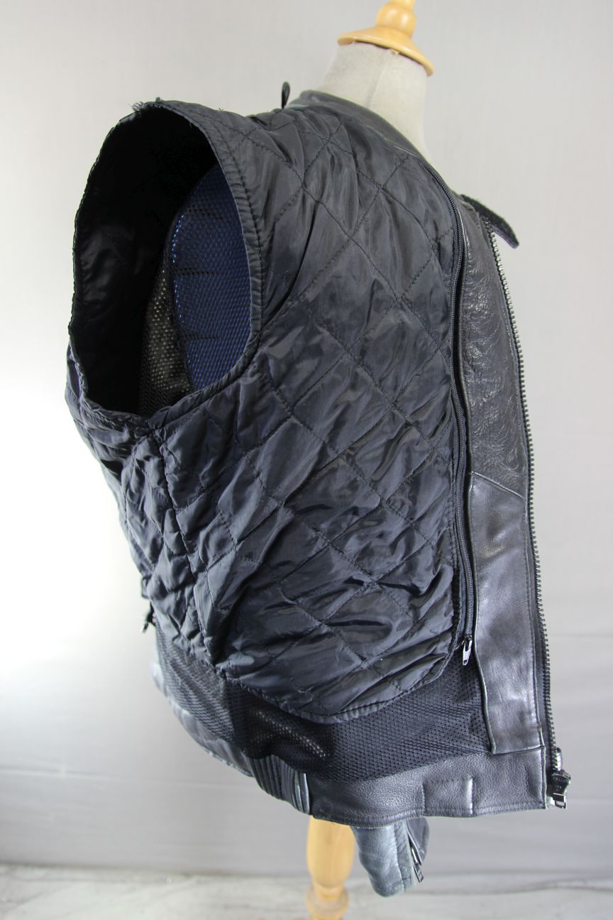 JTS BLACK, RED & SILVER LEATHER BIKER JACKET + PROTECTORS & THERMAL LINING 42 IN