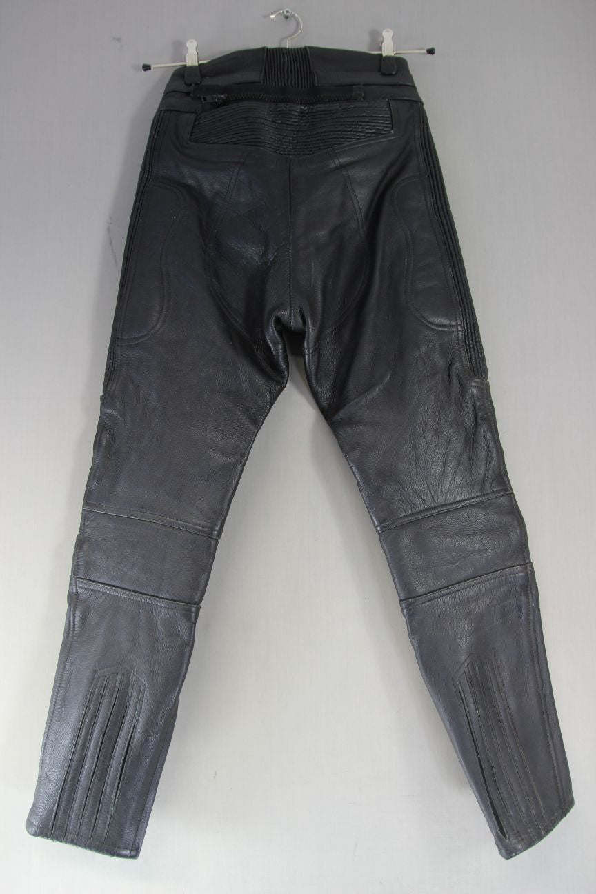 RHINO BLACK COWHIDE LEATHER BIKER TROUSERS SIZE 10: WAIST 26-28/INSIDE LEG 28.5"