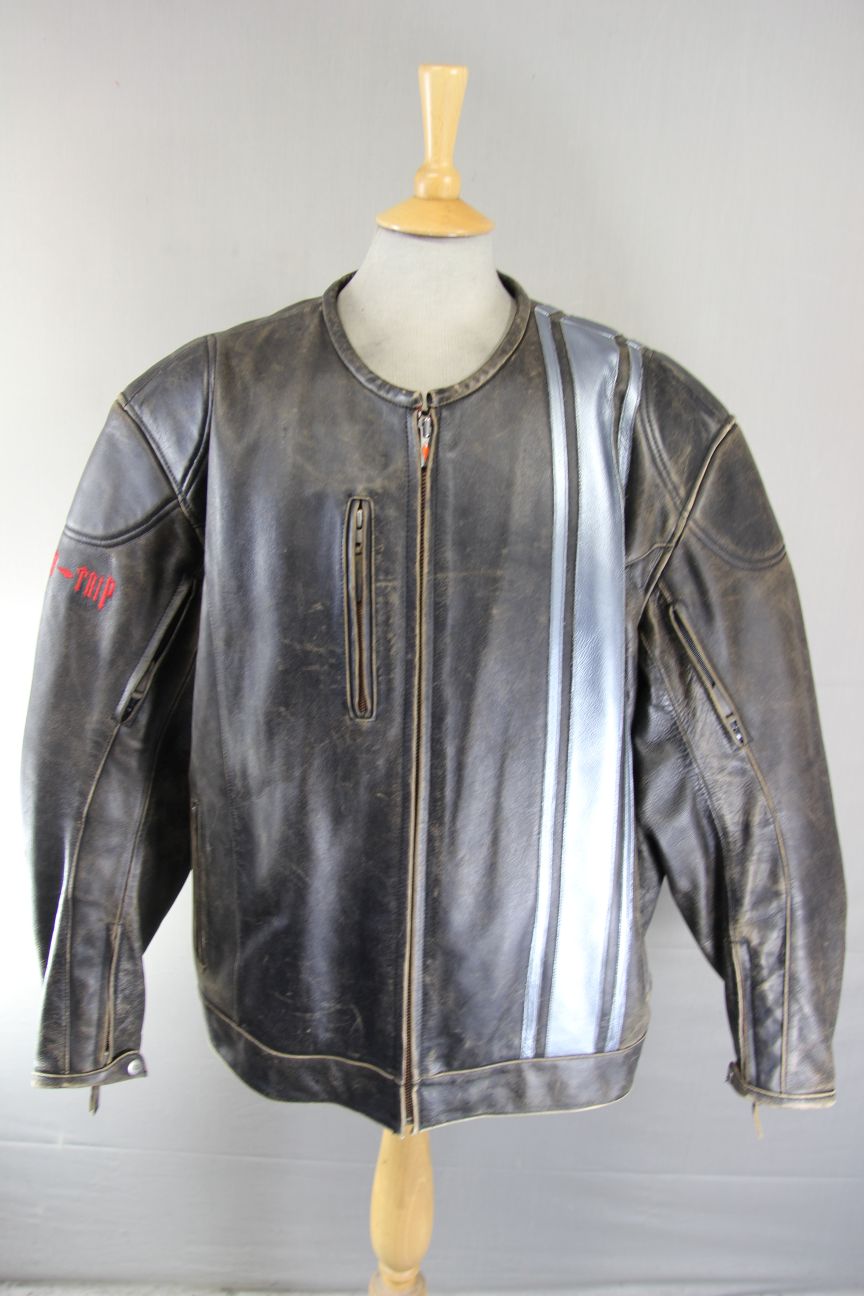 POWER TRIP BROWN & SILVER DISTRESSED LEATHER BIKER JCKT + THERMAL LINING 52"/3XL