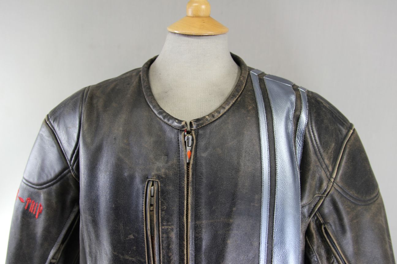 POWER TRIP BROWN & SILVER DISTRESSED LEATHER BIKER JCKT + THERMAL LINING 52"/3XL