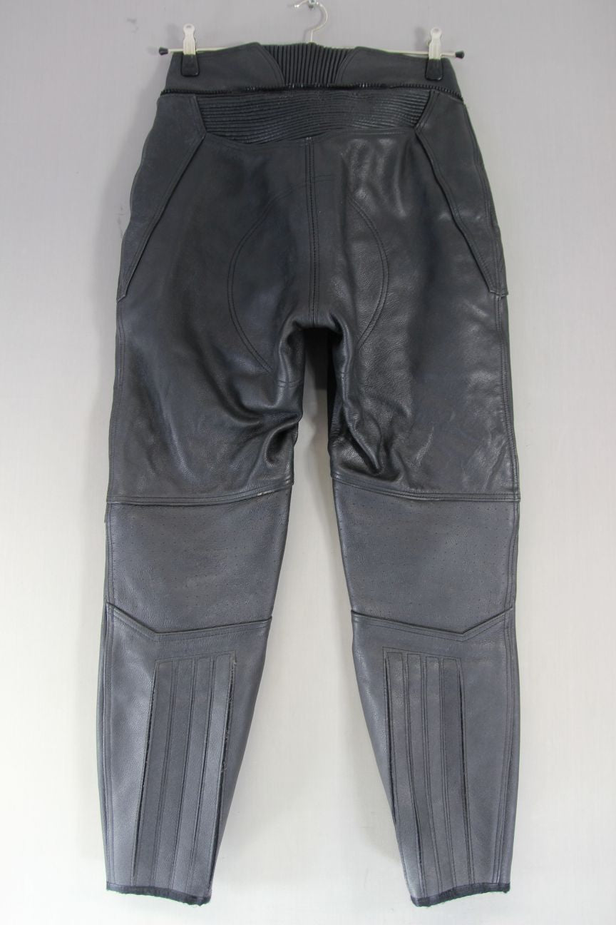 LOOKWELL BLACK LEATHER BIKER TROUSERS - SIZE 12: WAIST 28-30 IN/INSIDE LEG 29 IN