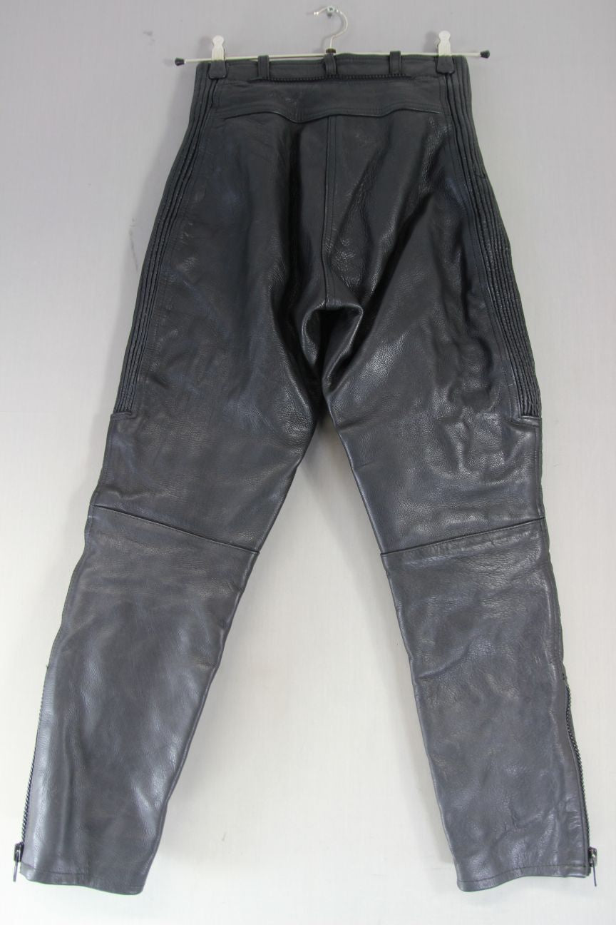 JTS CLASSIC BLACK LEATHER BIKER TROUSERS: SIZE 10 - WAIST 26 INCH/LEG 27.5 INCH
