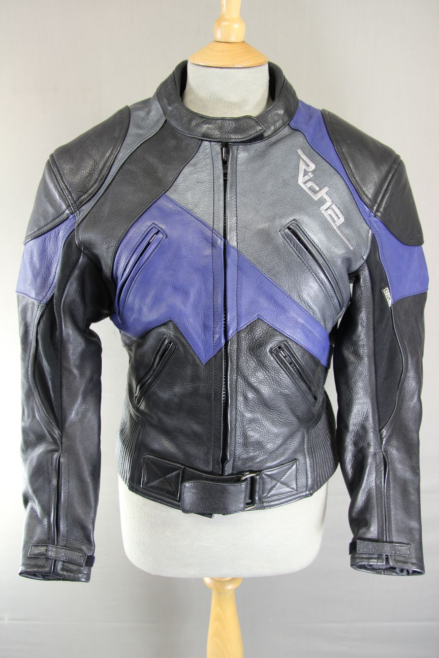 RICHA BLACK, BLUE & SILVER LEATHER BIKER JCKT + CE ARMOUR/THERMAL LINING: SIZE 8