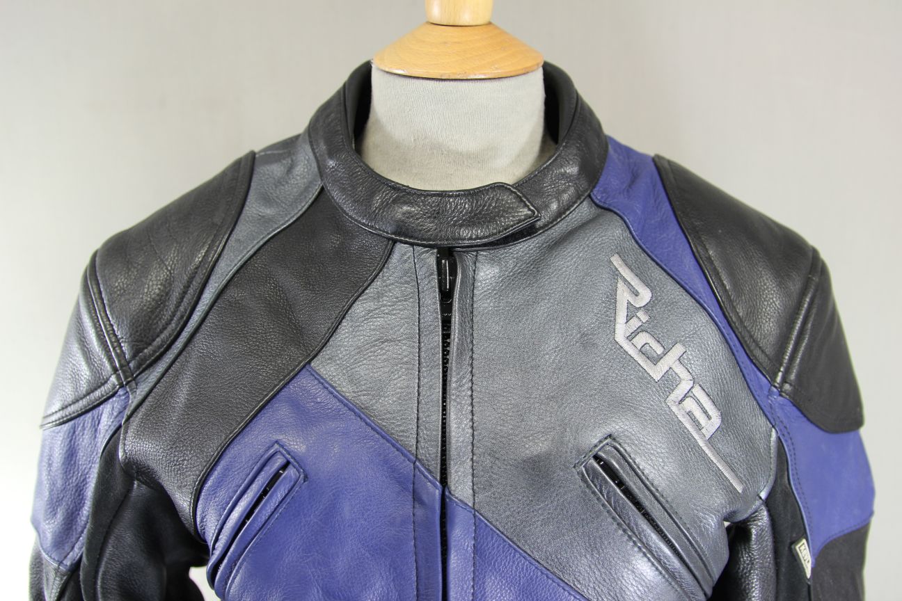 RICHA BLACK, BLUE & SILVER LEATHER BIKER JCKT + CE ARMOUR/THERMAL LINING: SIZE 8