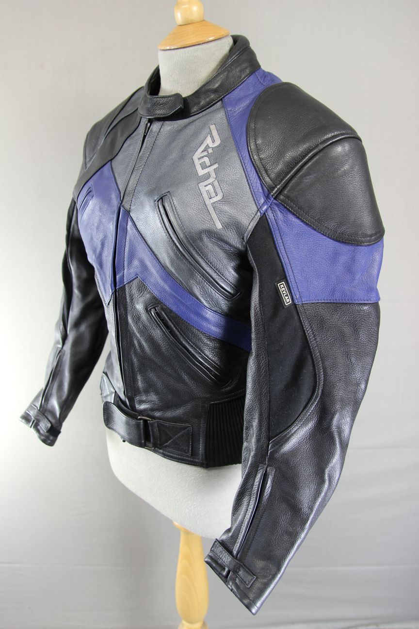 RICHA BLACK, BLUE & SILVER LEATHER BIKER JCKT + CE ARMOUR/THERMAL LINING: SIZE 8