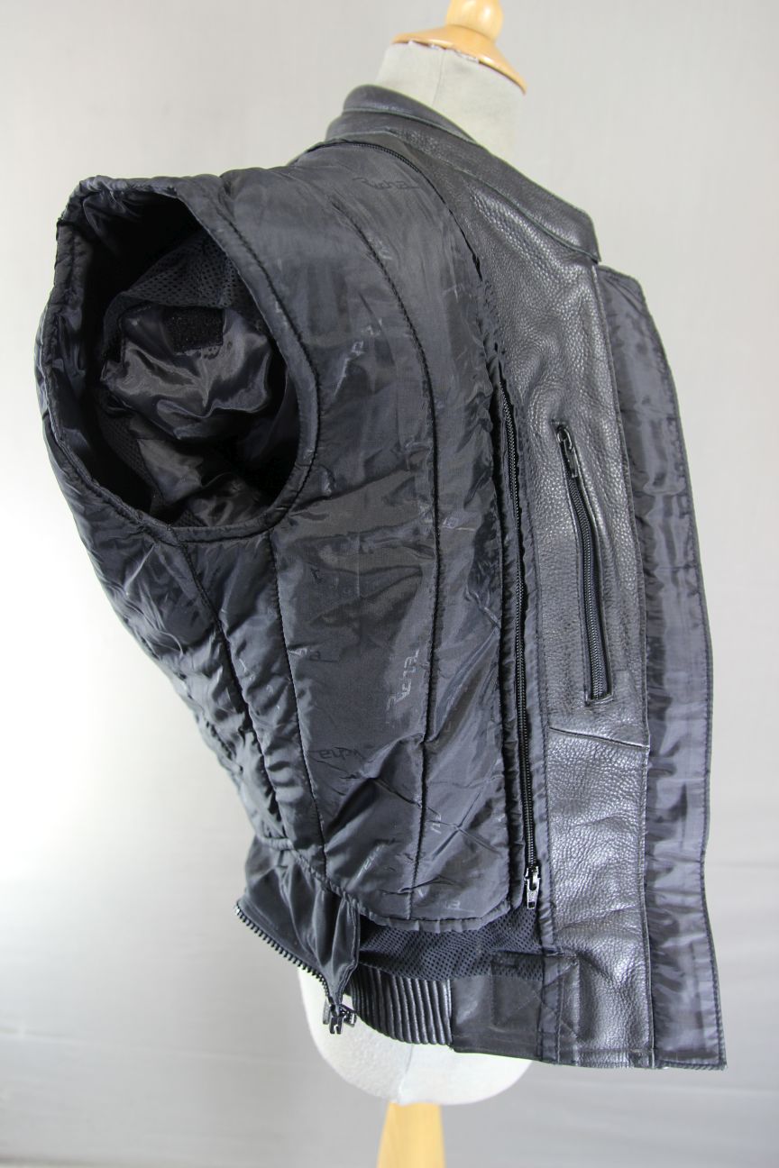 RICHA BLACK, BLUE & SILVER LEATHER BIKER JCKT + CE ARMOUR/THERMAL LINING: SIZE 8