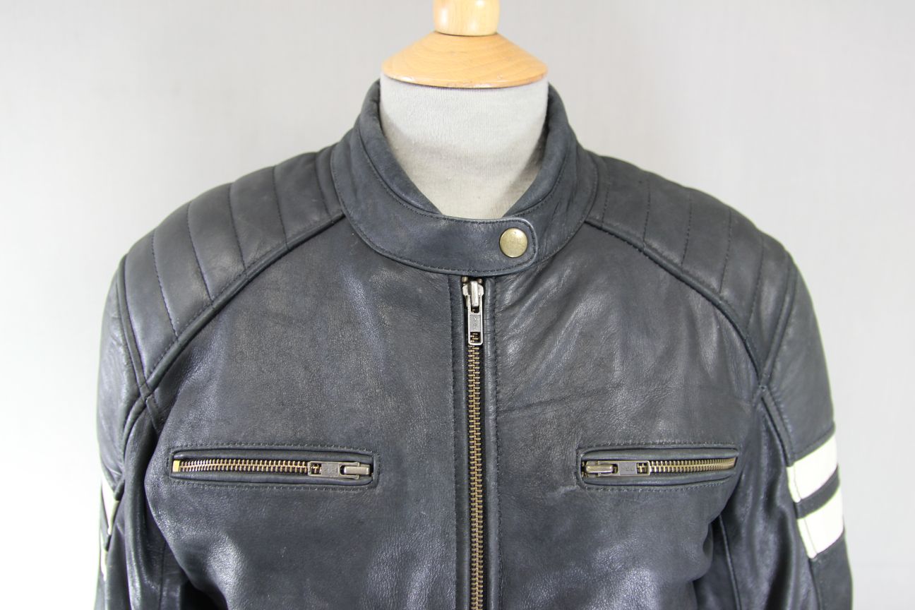 BOS BLACK & CREAM CAFE RACER LEATHER BIKER JCKT + ARMOUR/THERMAL LINING: SIZE 14