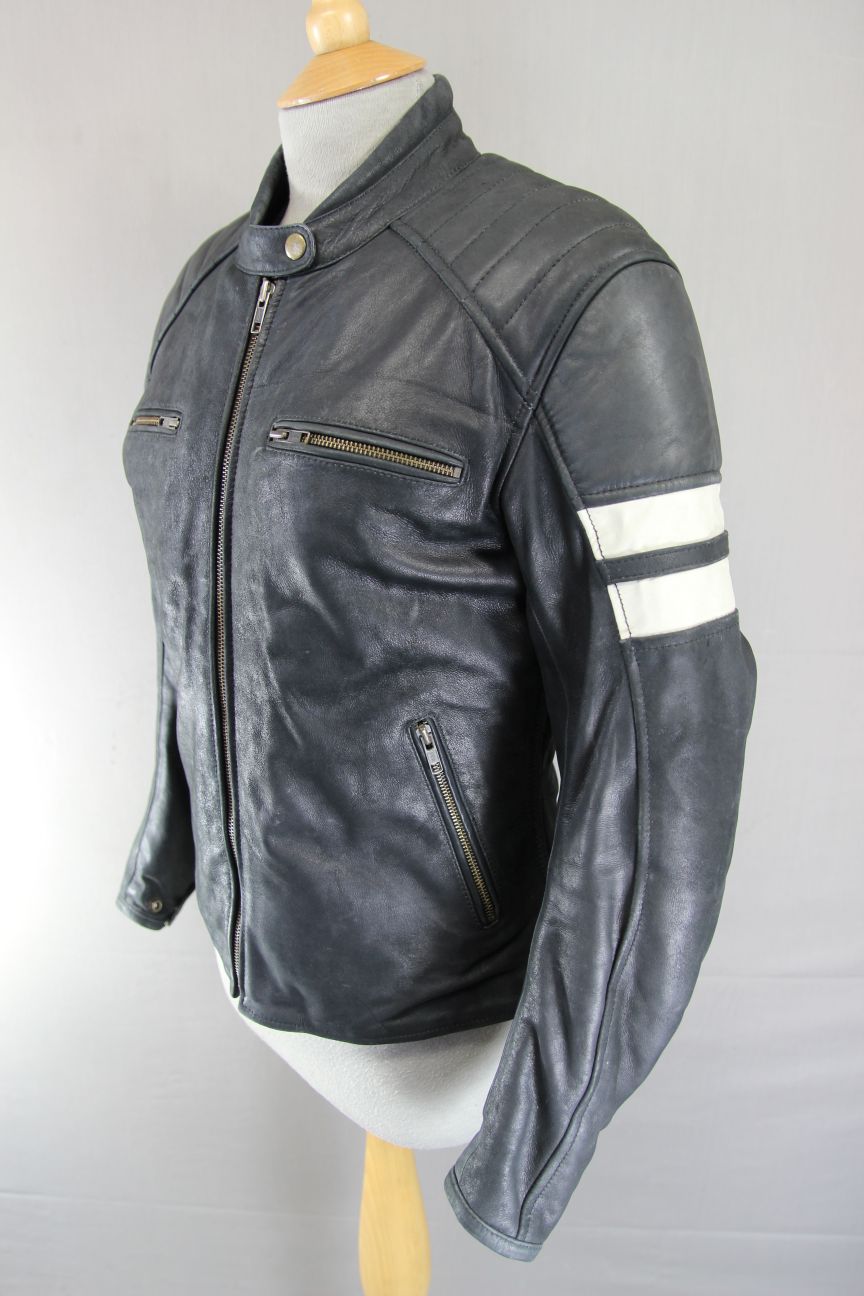 BOS BLACK & CREAM CAFE RACER LEATHER BIKER JCKT + ARMOUR/THERMAL LINING: SIZE 14