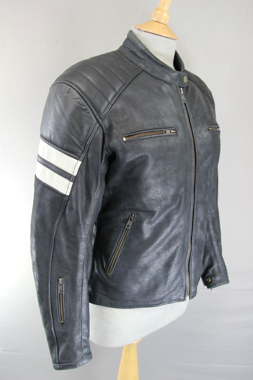 BOS BLACK & CREAM CAFE RACER LEATHER BIKER JCKT + ARMOUR/THERMAL LINING: SIZE 14
