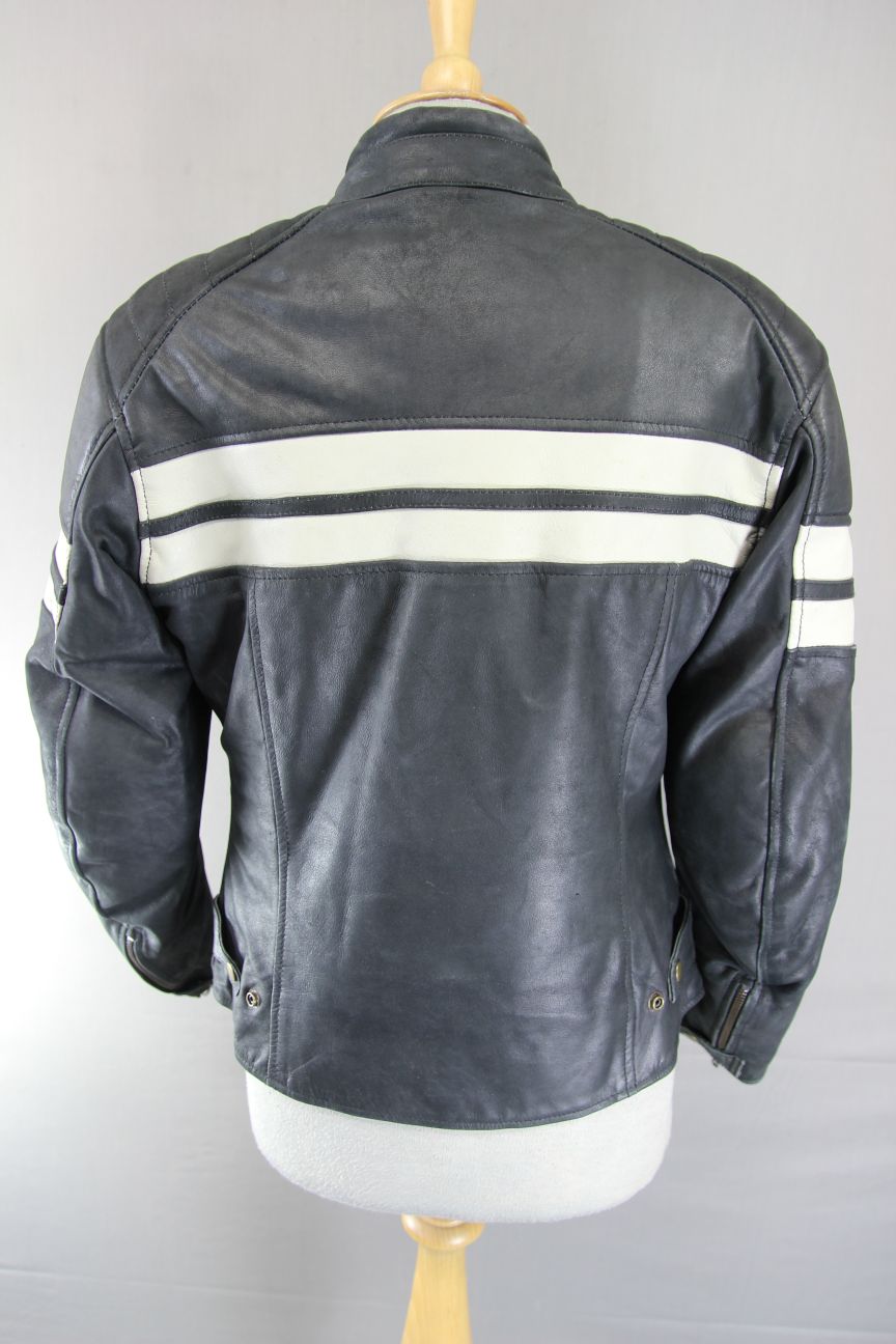 BOS BLACK & CREAM CAFE RACER LEATHER BIKER JCKT + ARMOUR/THERMAL LINING: SIZE 14