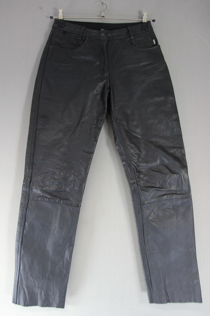 FRANK THOMAS BLACK LEATHER BIKER JEANS SIZE 10: WAIST 28 INCH/INSIDE LEG 31 INCH