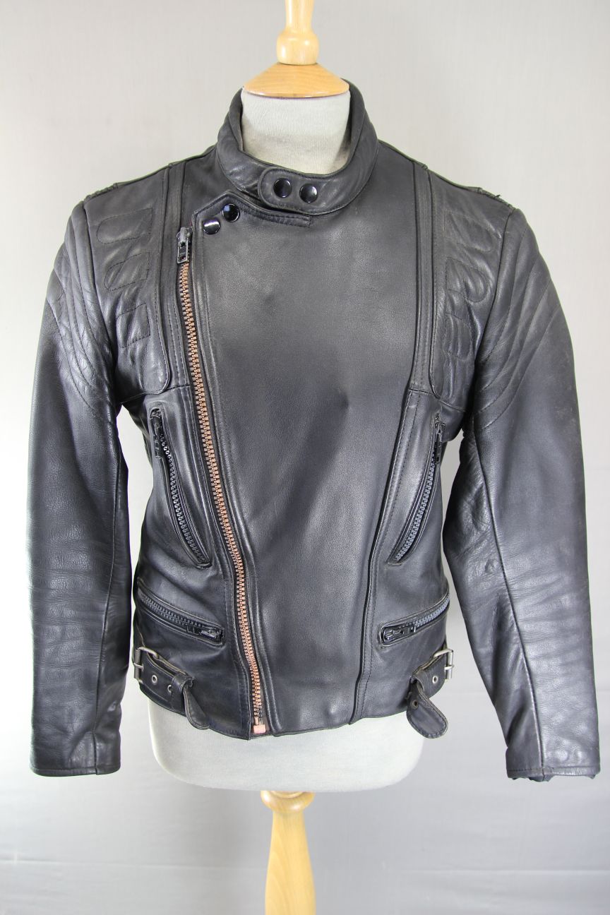 CLASSIC BLACK LEATHER COTTON LINED BIKER JACKET 36-38 INCH