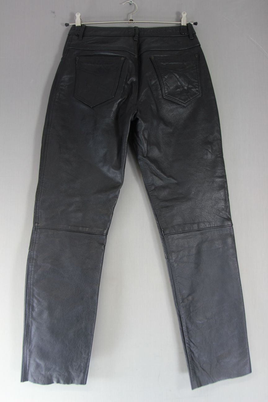 FRANK THOMAS BLACK LEATHER BIKER JEANS SIZE 10: WAIST 28 INCH/INSIDE LEG 31 INCH