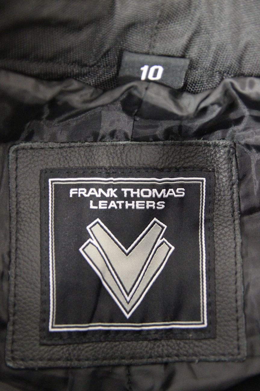 FRANK THOMAS BLACK LEATHER BIKER JEANS SIZE 10: WAIST 28 INCH/INSIDE LEG 31 INCH