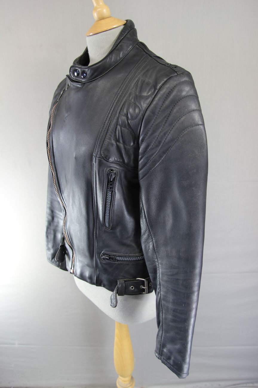 CLASSIC BLACK LEATHER COTTON LINED BIKER JACKET 36-38 INCH