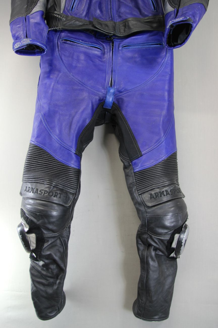 FRANK THOMAS XTREME SPORT BLACK, BLUE & SILVER LEATHER BIKER SUIT + ARMOUR 40 IN
