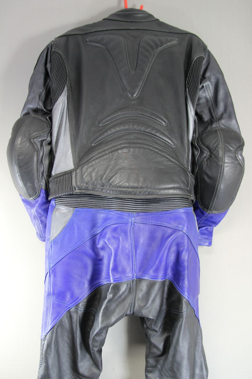 FRANK THOMAS XTREME SPORT BLACK, BLUE & SILVER LEATHER BIKER SUIT + ARMOUR 40 IN