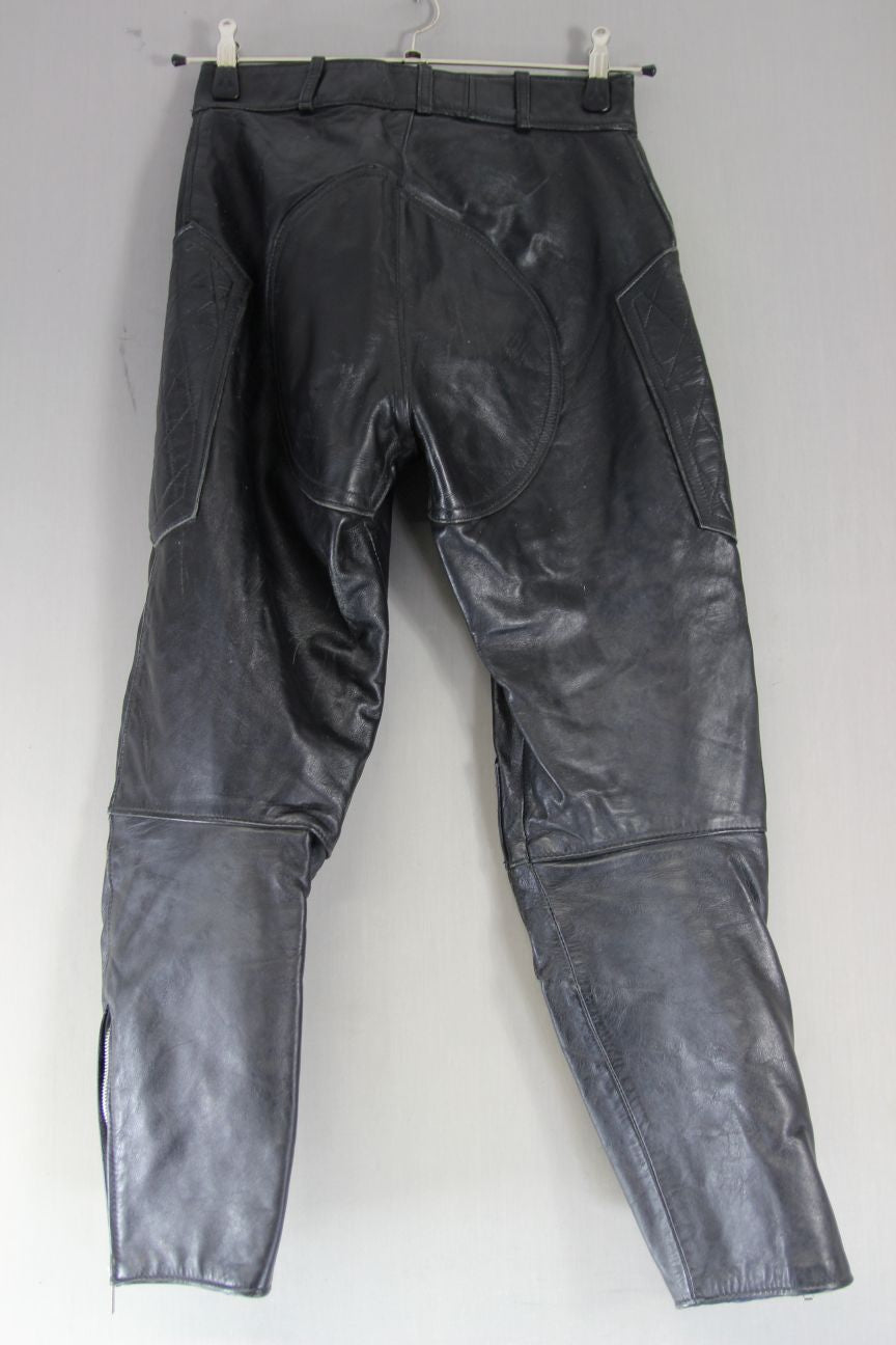 VINTAGE BRITISH MADE RIVETTS OF LONDON LEATHER BIKER TROUSERS: WAIST 28"/LEG 27"
