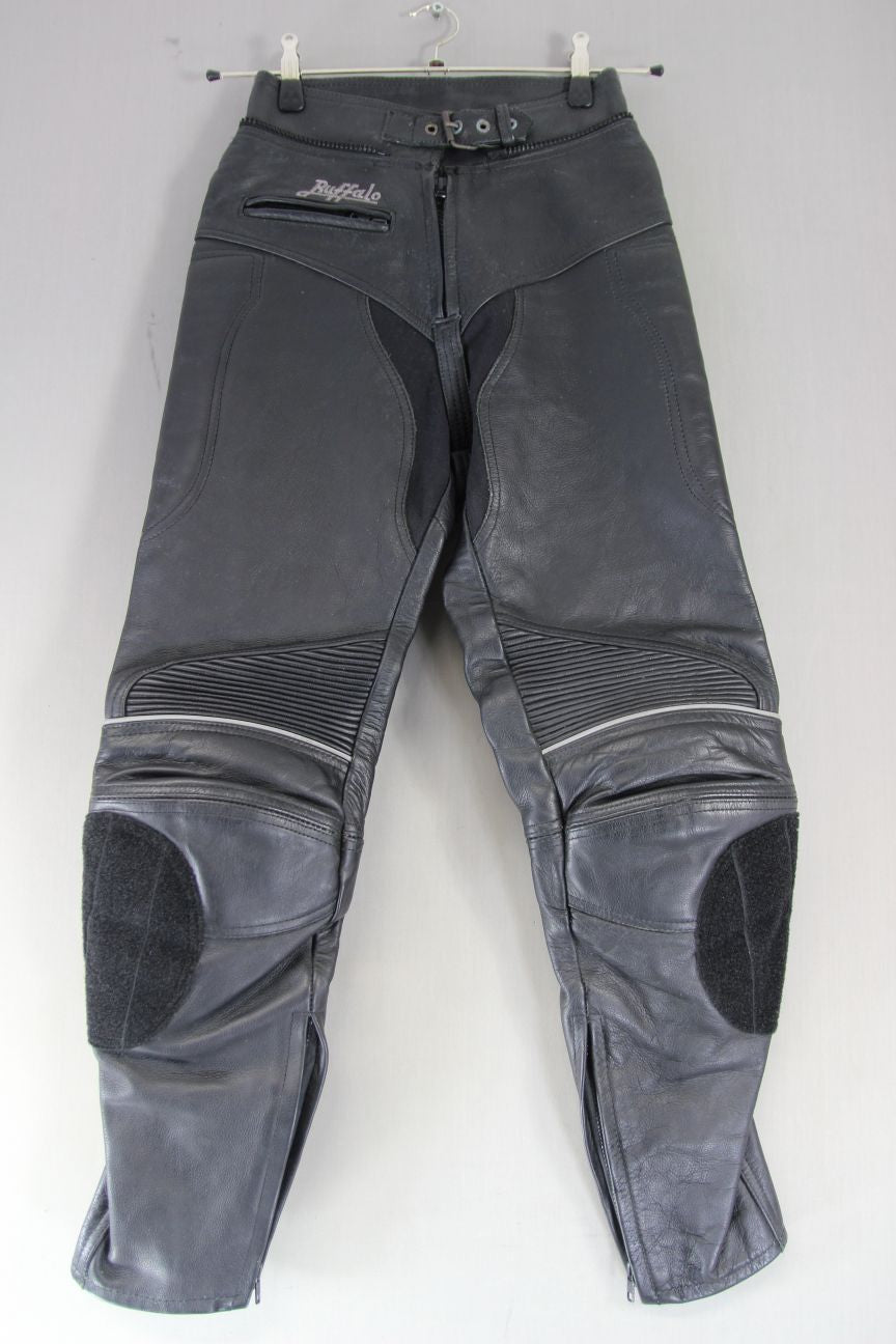 BUFFALO BLACK LEATHER BIKER TROUSERS + CE ARMOUR SIZE 12: WAIST 26 IN/LEG 29 IN