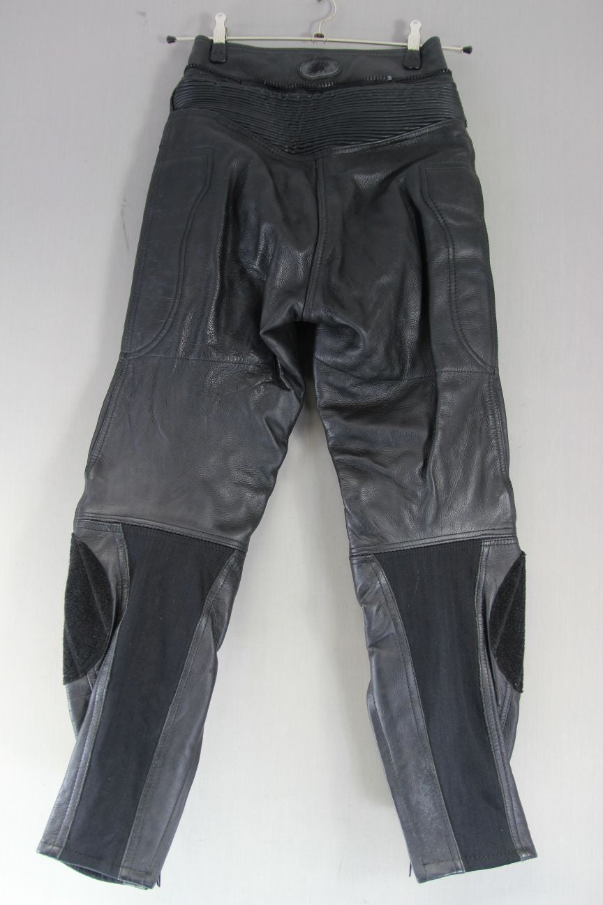BUFFALO BLACK LEATHER BIKER TROUSERS + CE ARMOUR SIZE 12: WAIST 26 IN/LEG 29 IN