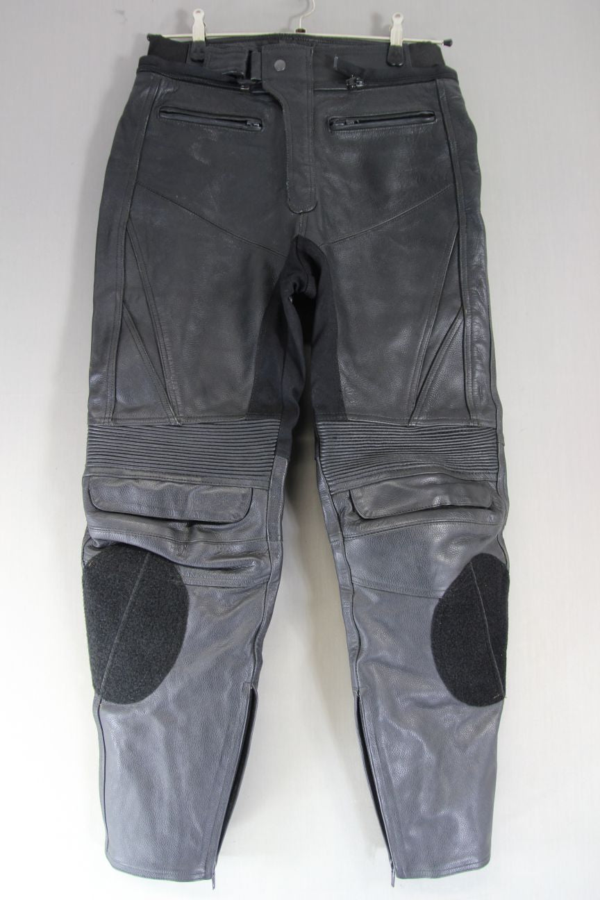 BUFFALO BLACK LEATHER BIKER TROUSERS WITH KNEE/SHIN CE ARMOUR: WAIST 32"/LEG 29"