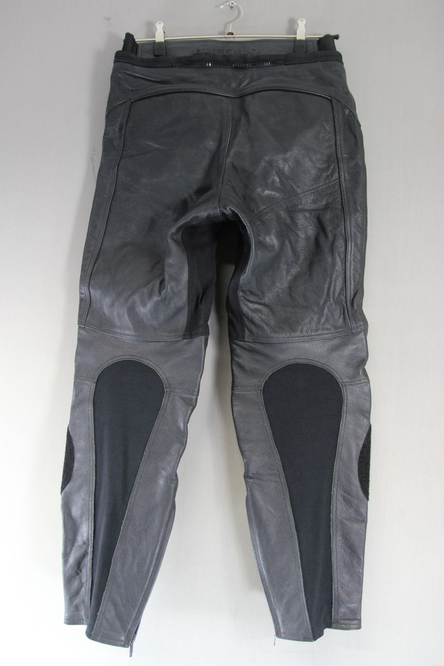 BUFFALO BLACK LEATHER BIKER TROUSERS WITH KNEE/SHIN CE ARMOUR: WAIST 32"/LEG 29"
