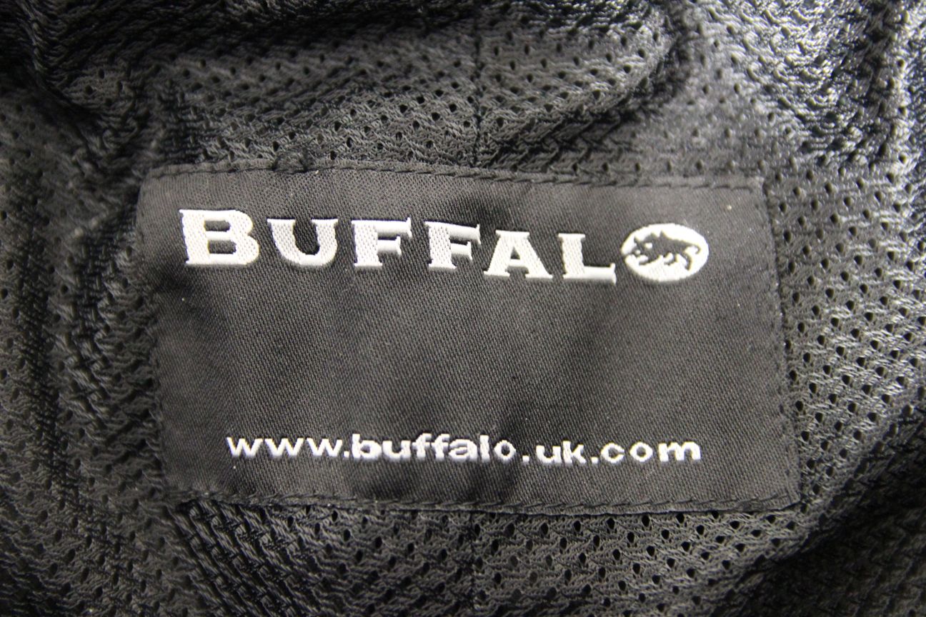BUFFALO BLACK LEATHER BIKER TROUSERS WITH KNEE/SHIN CE ARMOUR: WAIST 32"/LEG 29"