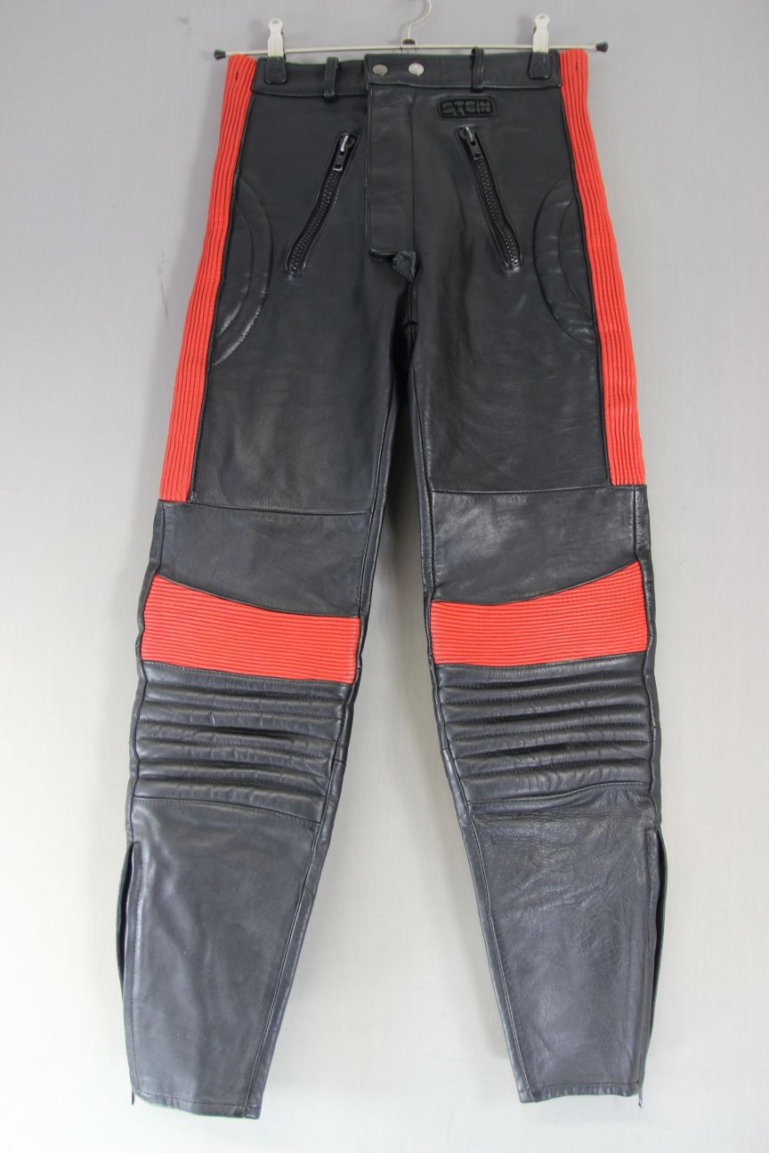 VINTAGE STEIN BLACK & RED LEATHER BIKER TROUSERS: WAIST 28 IN/INSIDE LEG 30 IN