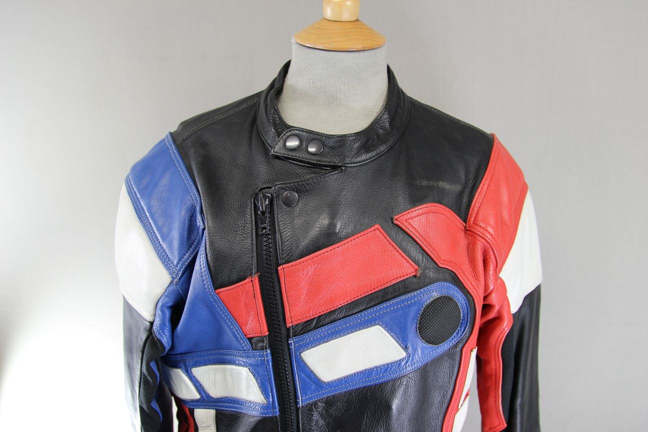 LOOKWELL BLACK, RED, BLUE & WHITE LEATHER BIKER JACKET 40 INCH/MEDIUM