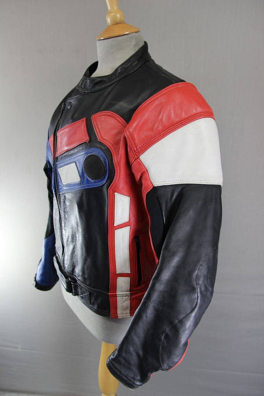 LOOKWELL BLACK, RED, BLUE & WHITE LEATHER BIKER JACKET 40 INCH/MEDIUM