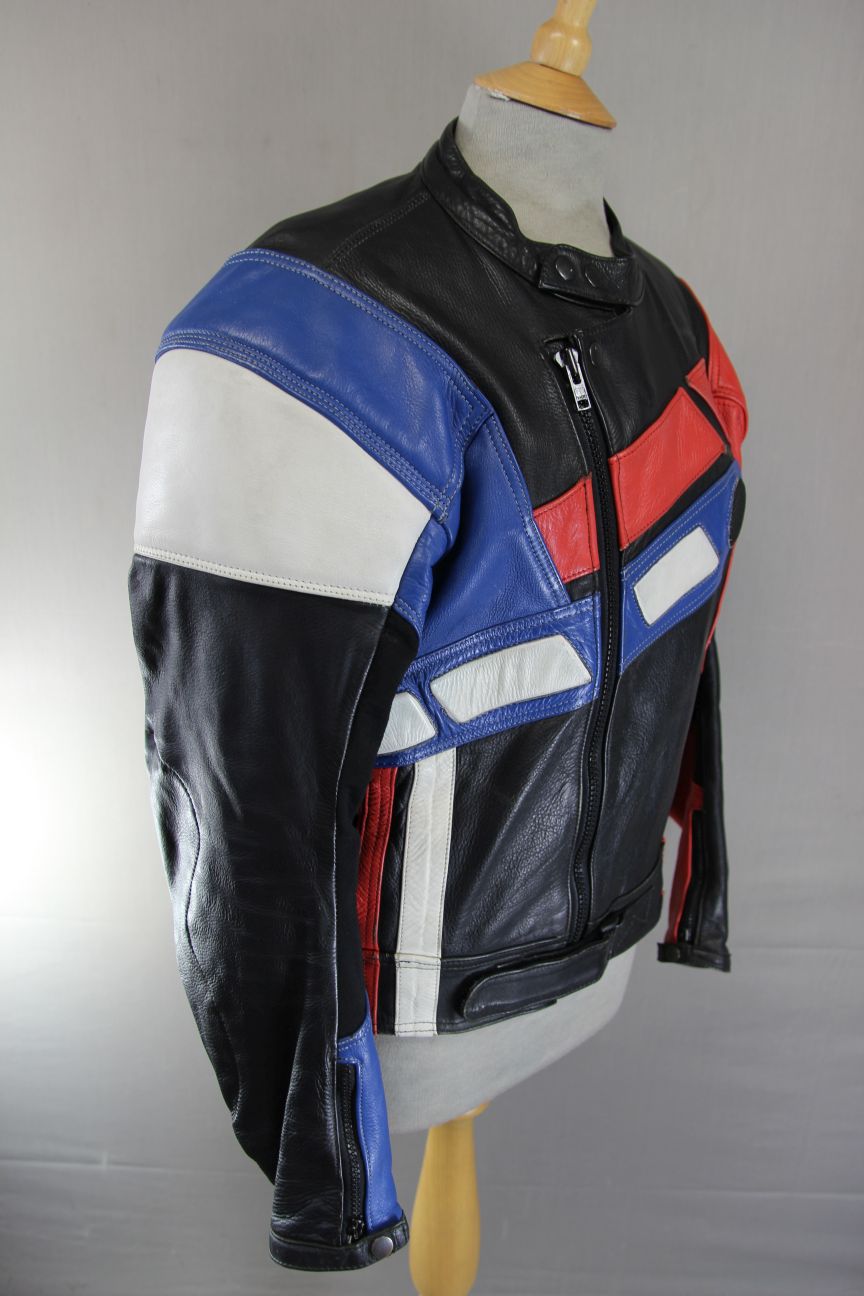 LOOKWELL BLACK, RED, BLUE & WHITE LEATHER BIKER JACKET 40 INCH/MEDIUM