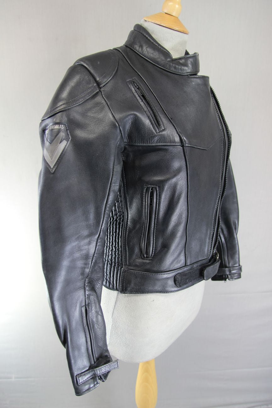 FRANK THOMAS ARMASPORT BLACK LEATHER LADIES BIKER JACKET: SIZE 12/34 INCH CHEST