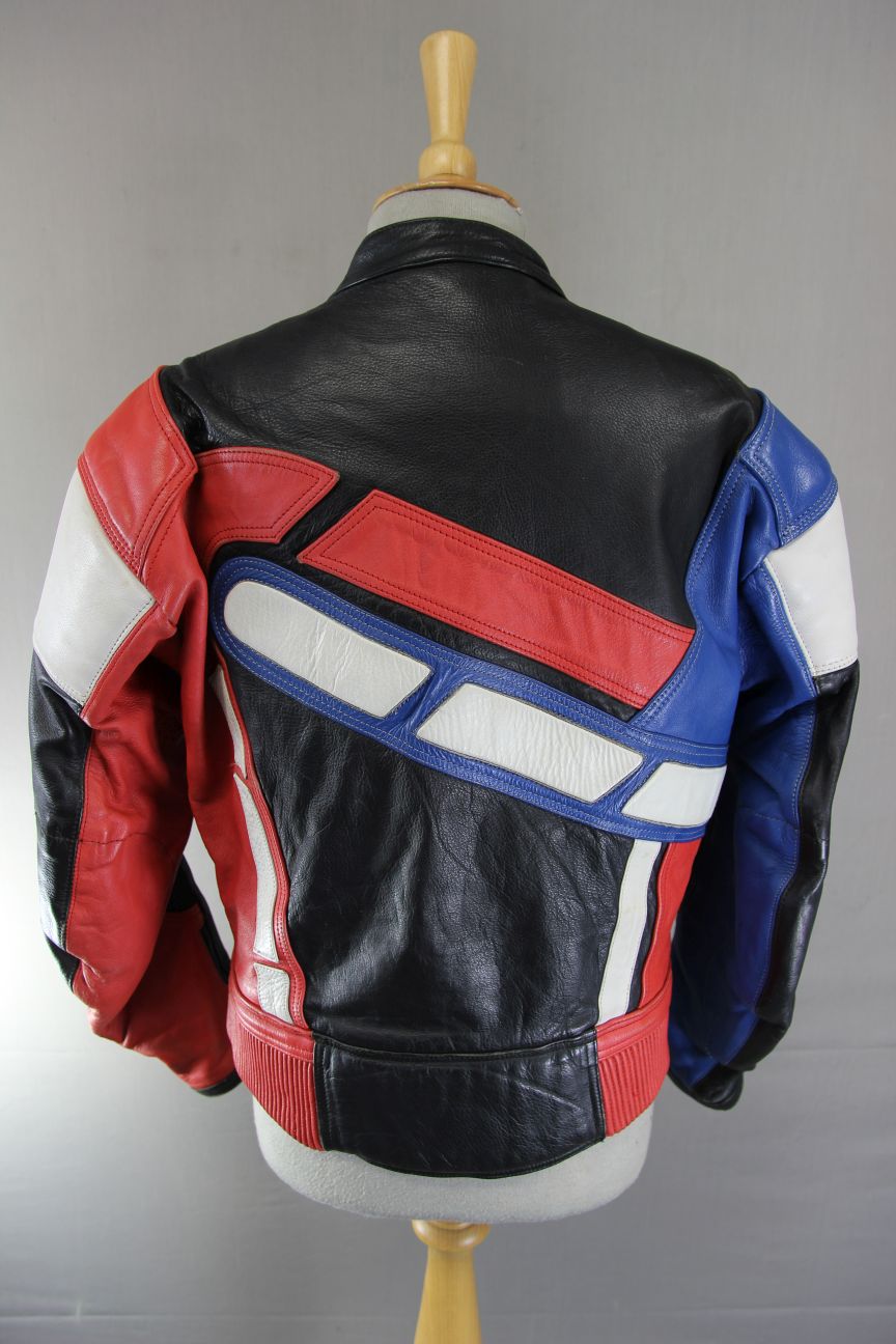 LOOKWELL BLACK, RED, BLUE & WHITE LEATHER BIKER JACKET 40 INCH/MEDIUM