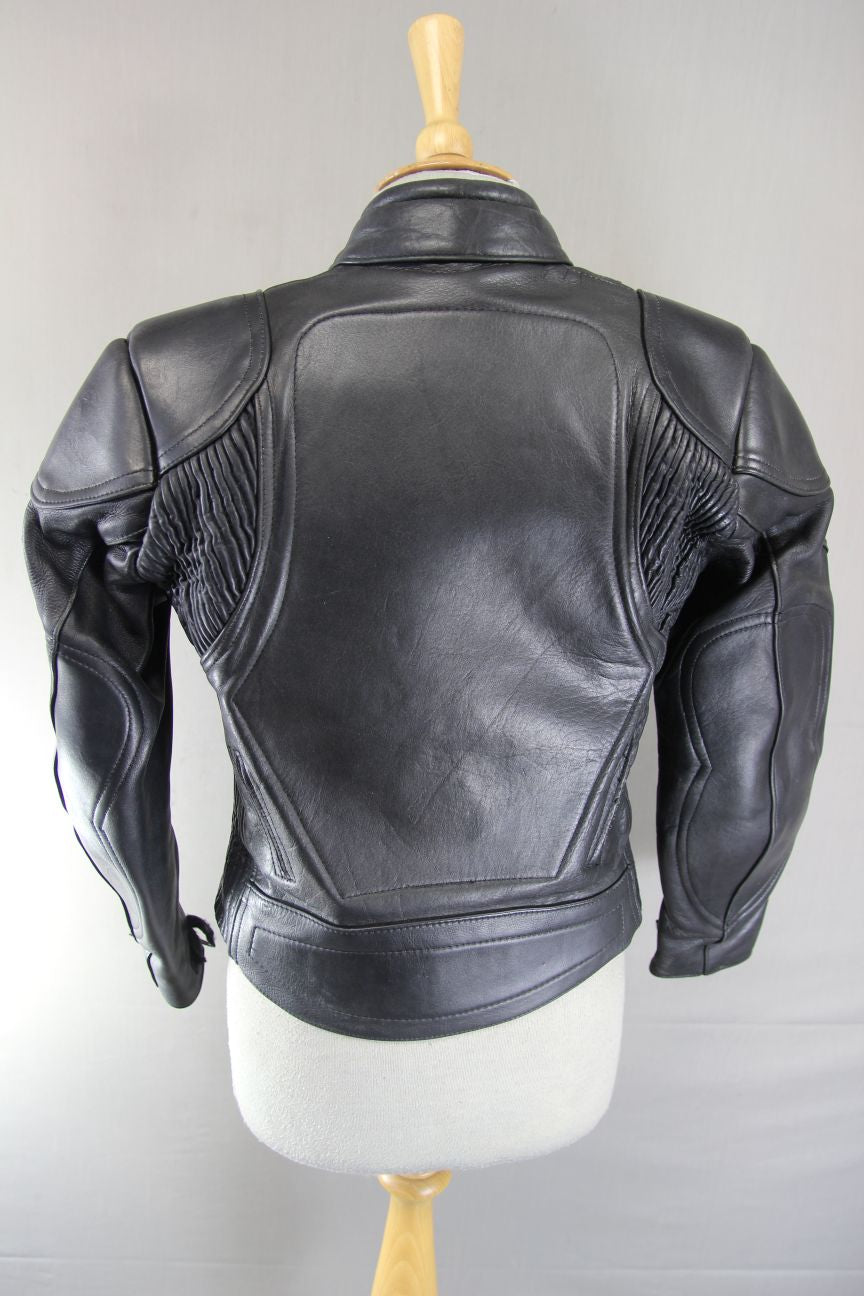 FRANK THOMAS ARMASPORT BLACK LEATHER LADIES BIKER JACKET: SIZE 12/34 INCH CHEST