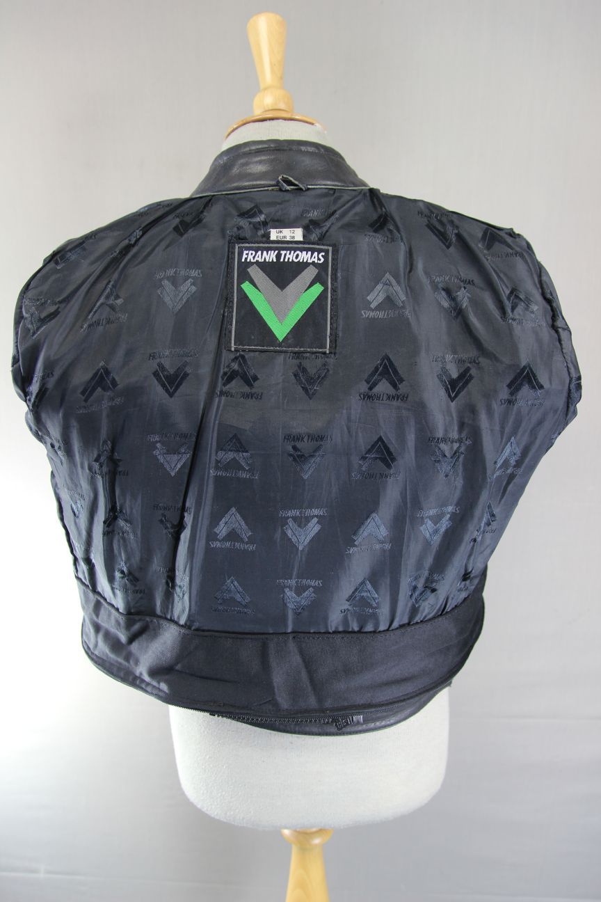FRANK THOMAS ARMASPORT BLACK LEATHER LADIES BIKER JACKET: SIZE 12/34 INCH CHEST