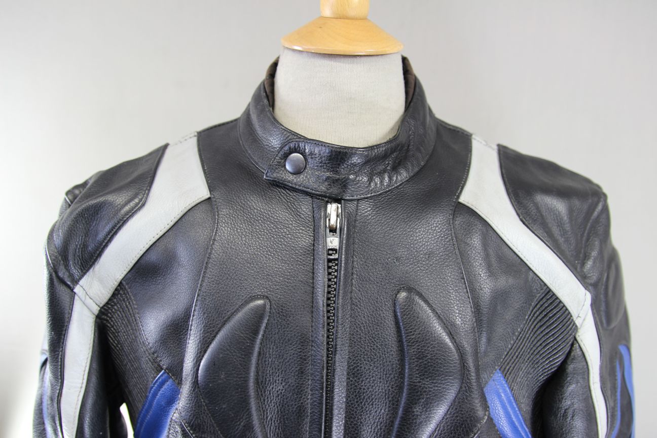CASTOR 'BLACK CHASER' BLACK, BLUE & GREY LEATHER BIKER JACKET 42 INCH