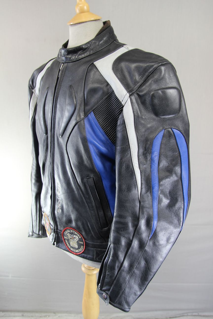 CASTOR 'BLACK CHASER' BLACK, BLUE & GREY LEATHER BIKER JACKET 42 INCH
