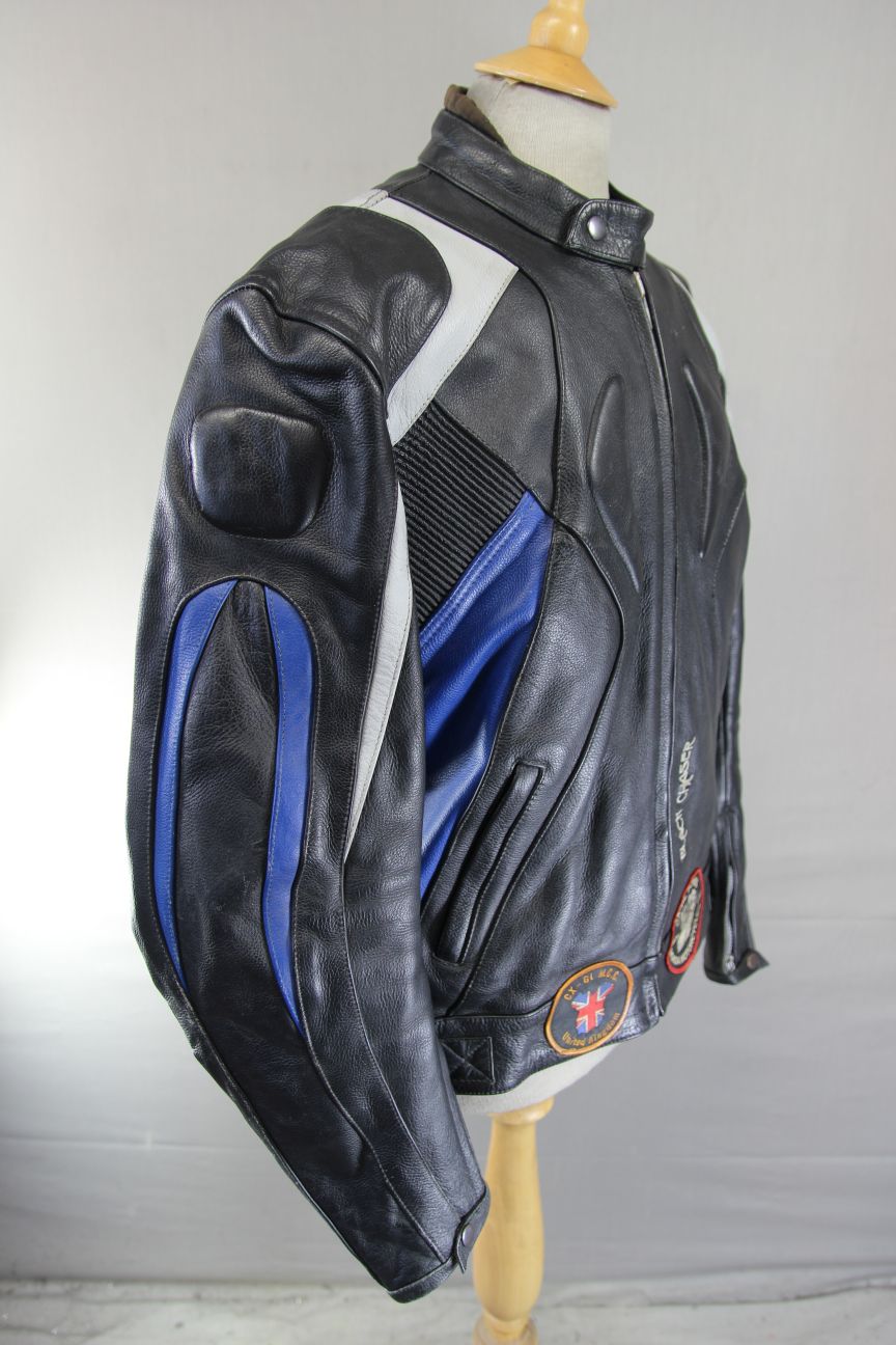 CASTOR 'BLACK CHASER' BLACK, BLUE & GREY LEATHER BIKER JACKET 42 INCH