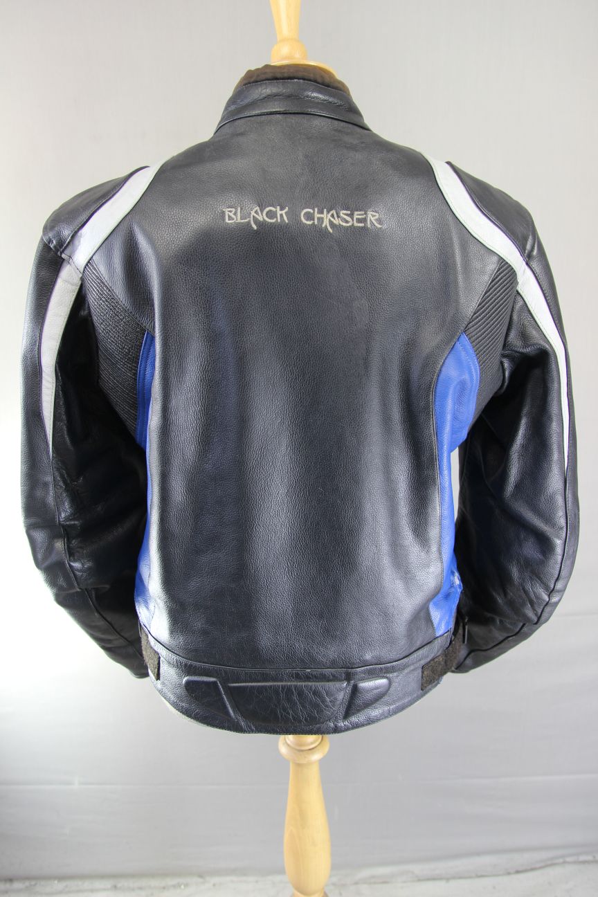 CASTOR 'BLACK CHASER' BLACK, BLUE & GREY LEATHER BIKER JACKET 42 INCH