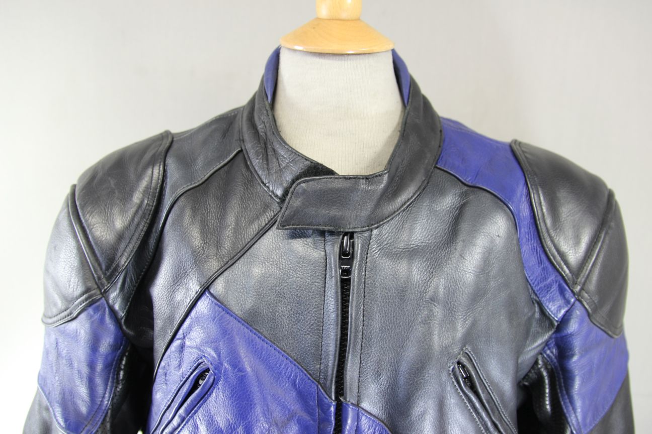 ECHO BLACK, BLUE & SILVER LEATHER BIKER JACKET + PROTECTORS & THERMAL LINING 48"