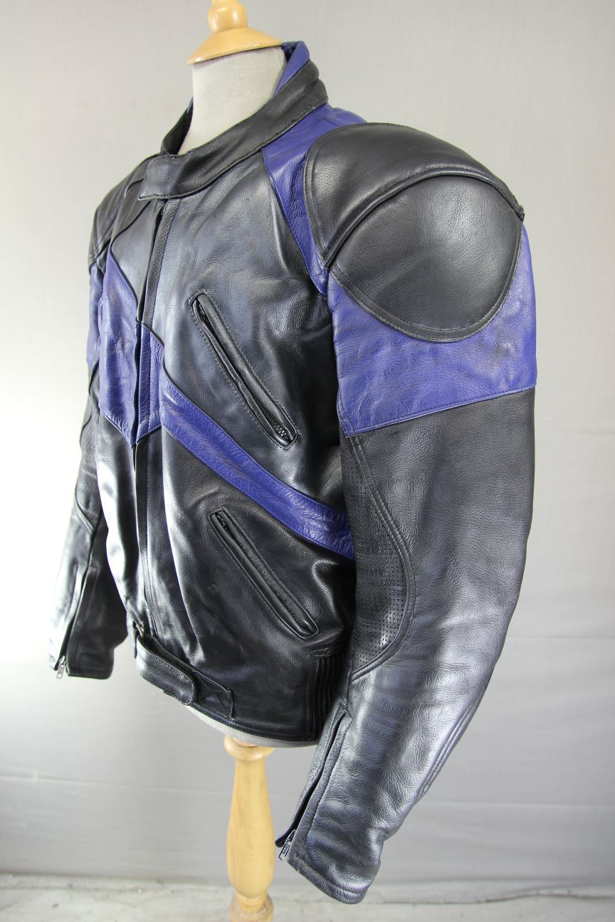 ECHO BLACK, BLUE & SILVER LEATHER BIKER JACKET + PROTECTORS & THERMAL LINING 48"