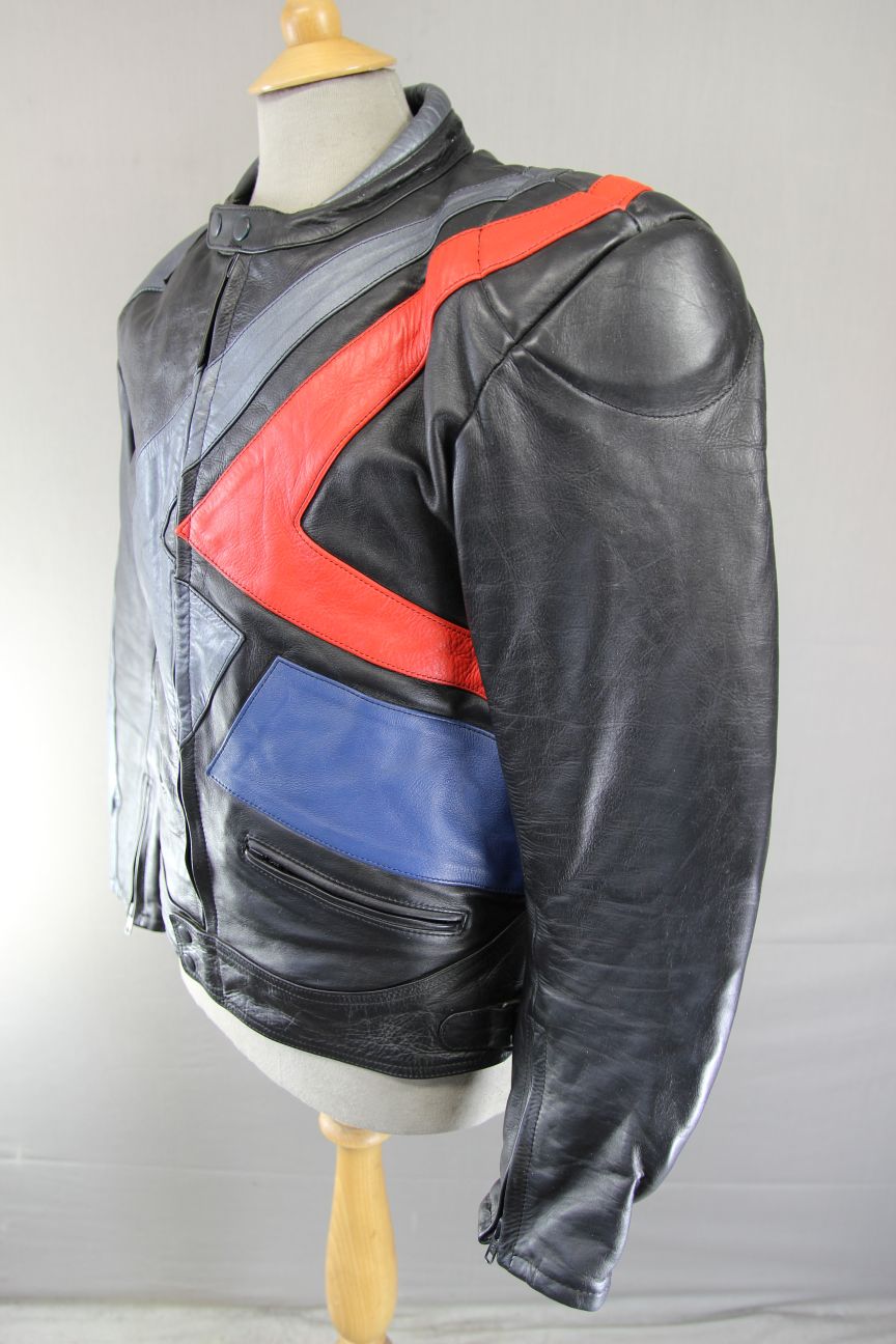 BLACK, SILVER, RED & BLUE LEATHER BIKER JACKET WITH REMOVABLE BACK PROTECTOR 42"