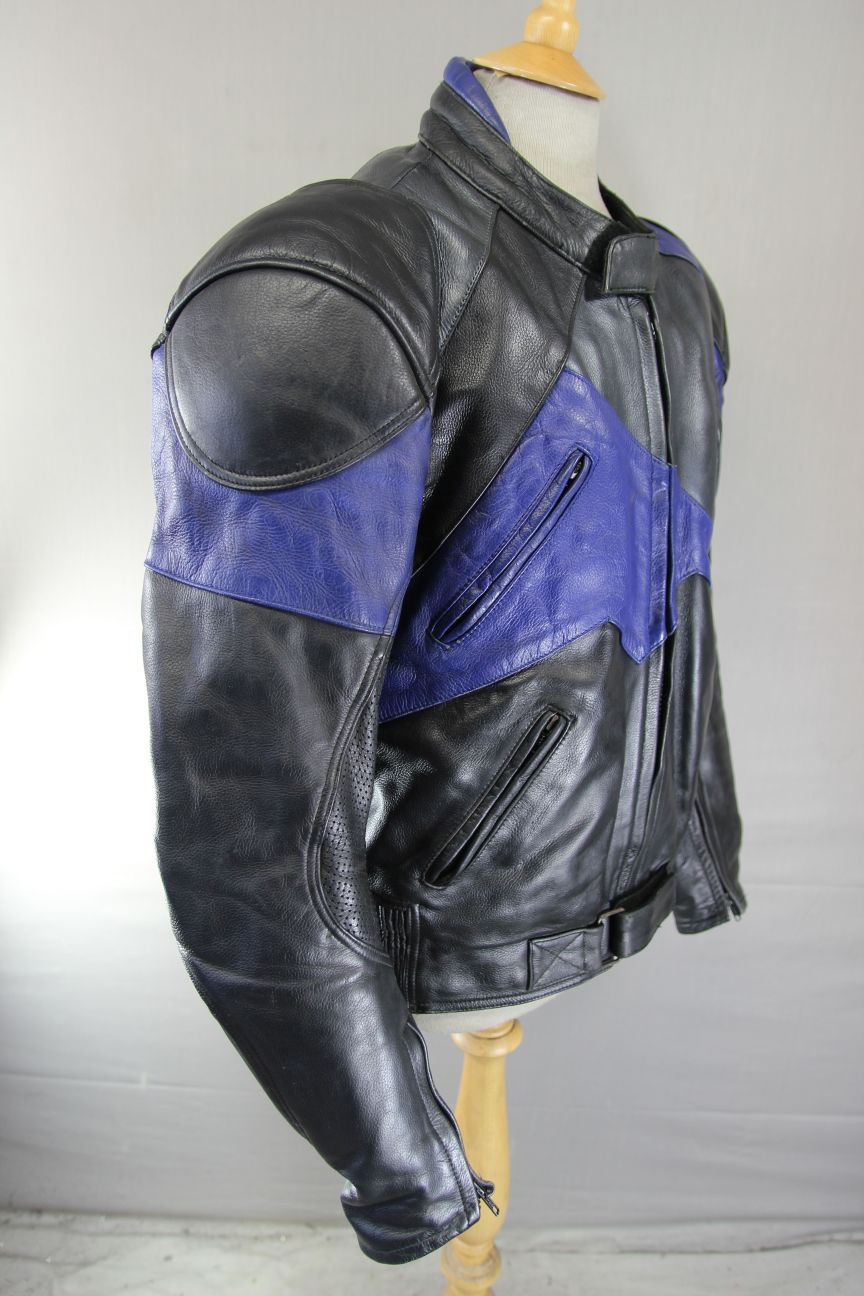 ECHO BLACK, BLUE & SILVER LEATHER BIKER JACKET + PROTECTORS & THERMAL LINING 48"