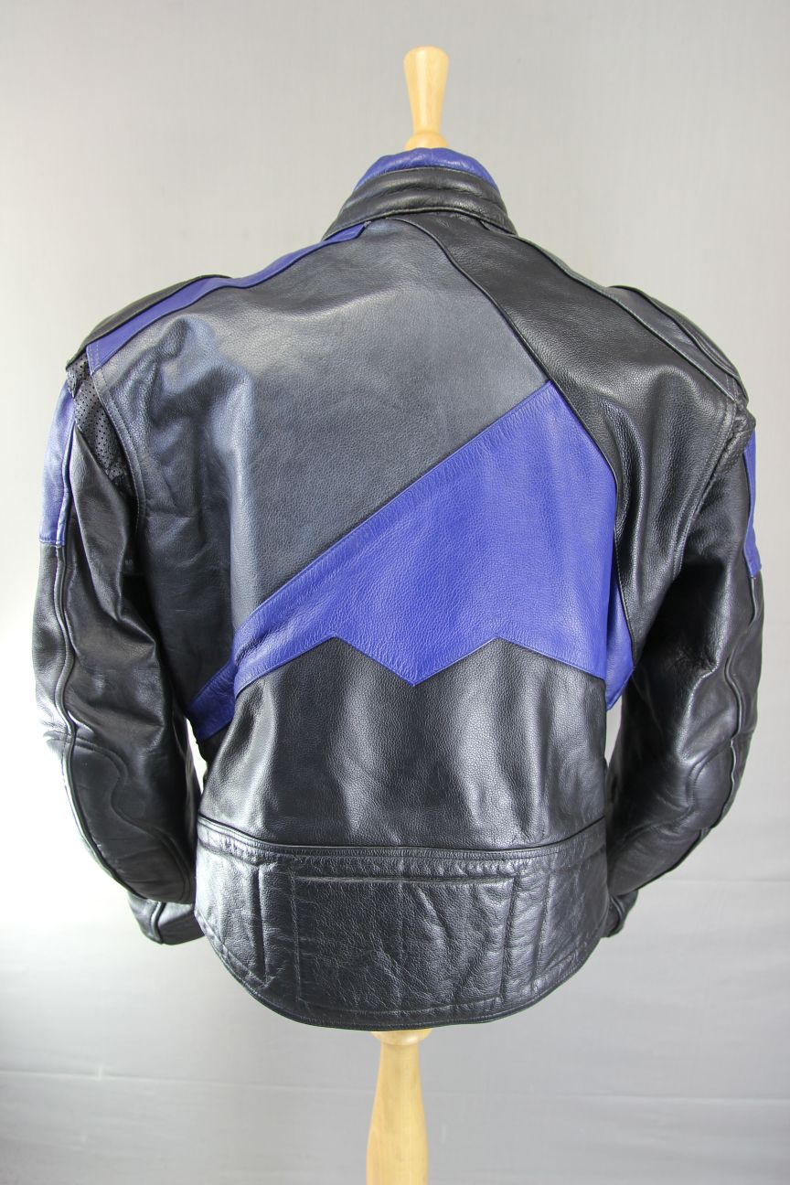 ECHO BLACK, BLUE & SILVER LEATHER BIKER JACKET + PROTECTORS & THERMAL LINING 48"