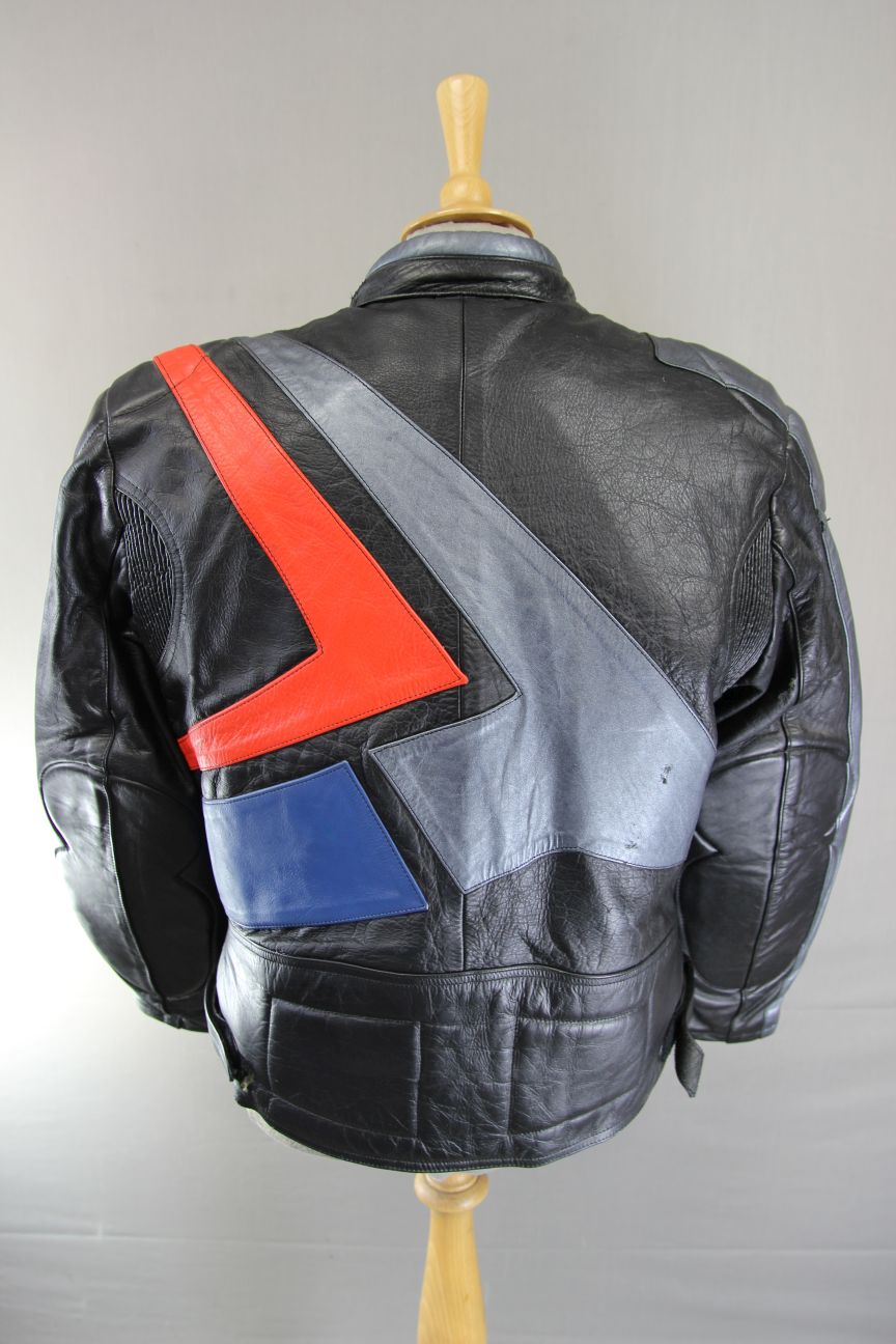 BLACK, SILVER, RED & BLUE LEATHER BIKER JACKET WITH REMOVABLE BACK PROTECTOR 42"