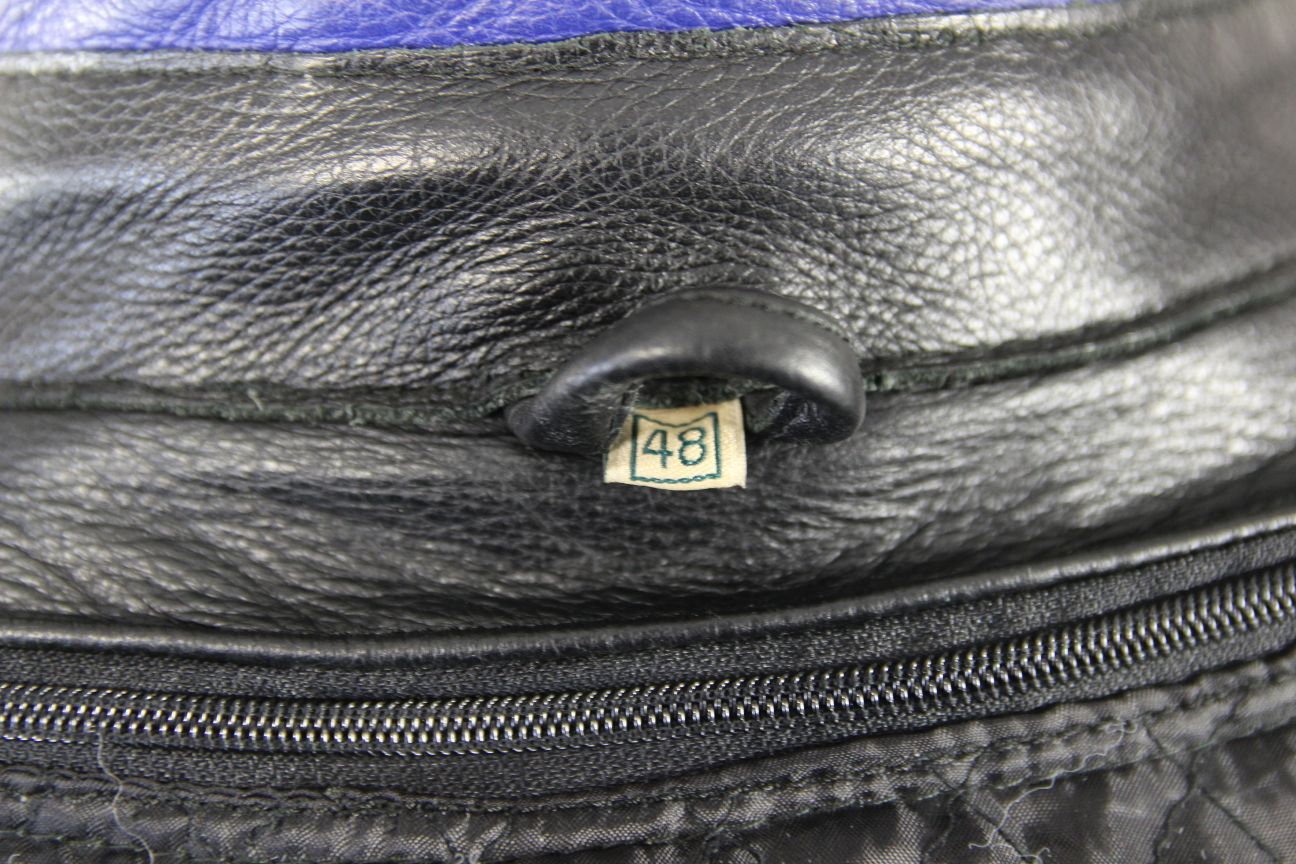 ECHO BLACK, BLUE & SILVER LEATHER BIKER JACKET + PROTECTORS & THERMAL LINING 48"