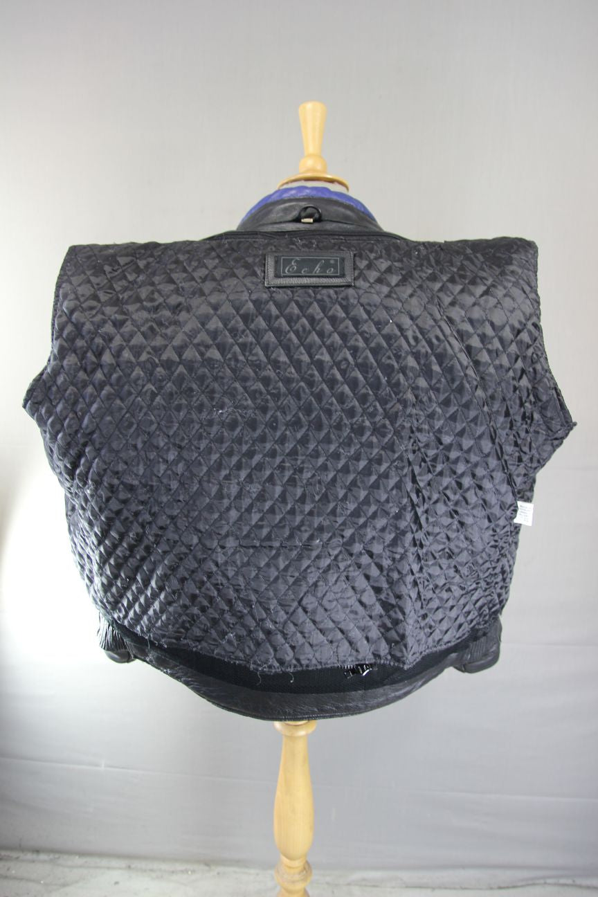 ECHO BLACK, BLUE & SILVER LEATHER BIKER JACKET + PROTECTORS & THERMAL LINING 48"