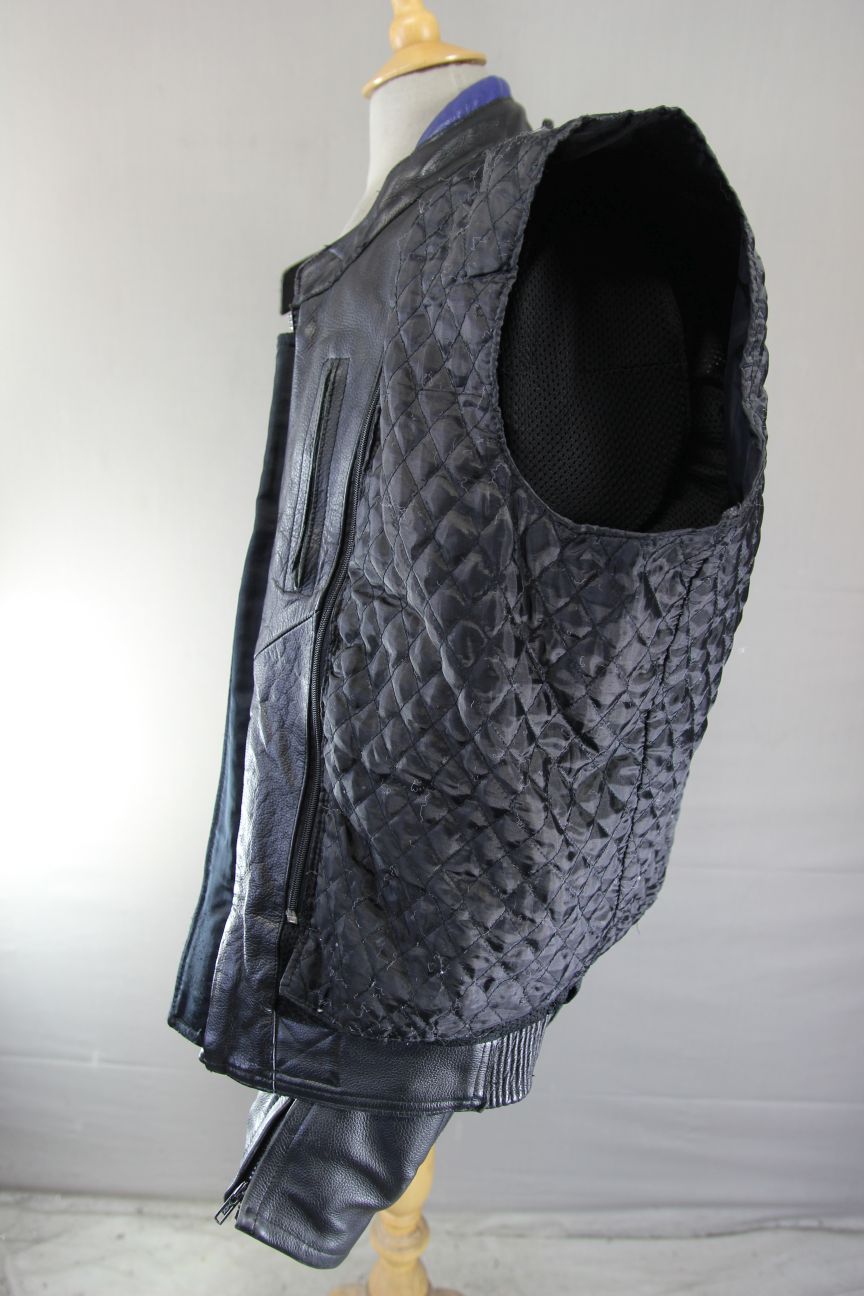 ECHO BLACK, BLUE & SILVER LEATHER BIKER JACKET + PROTECTORS & THERMAL LINING 48"