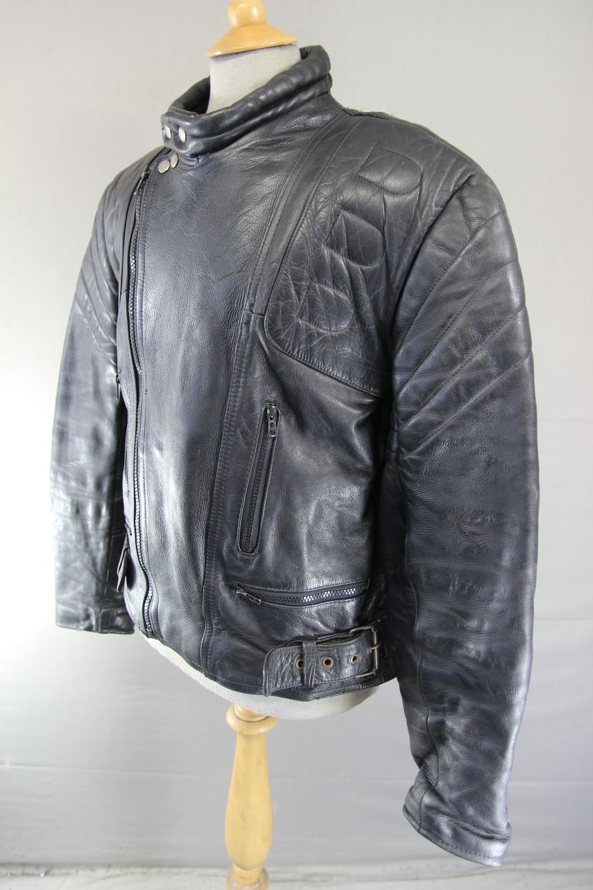 J&S CLASSIC BLACK LEATHER BIKER JACKET 42 INCH CHEST